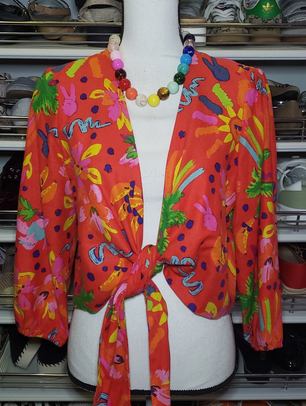 Maison D'Amelie Paris Tropical Print Linen Front Tie Blouse
